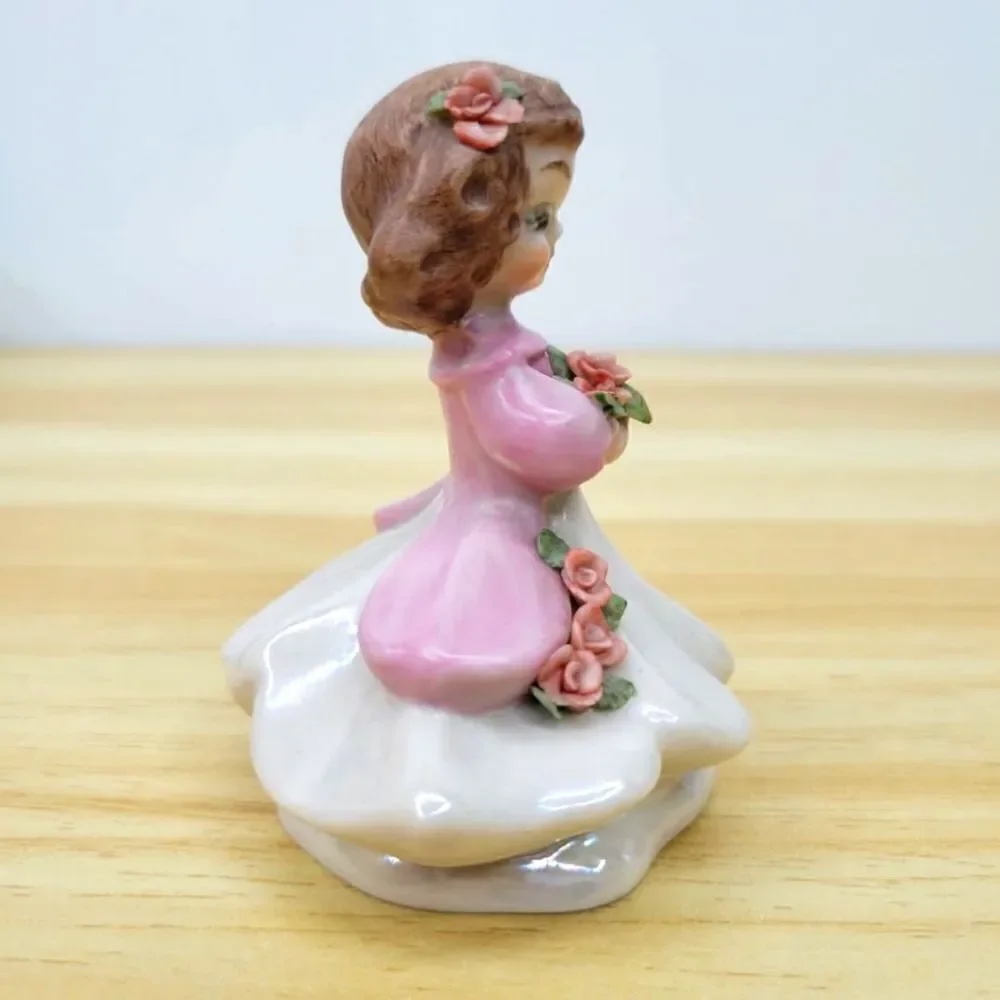 Vintage Pink & Lustery Girl with Applied Flowers Ceramic Figurine